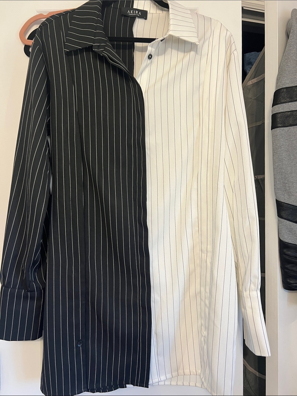 AKIRA Two-Tone Black & White Pinstripe Split Button-Down Shirtdress